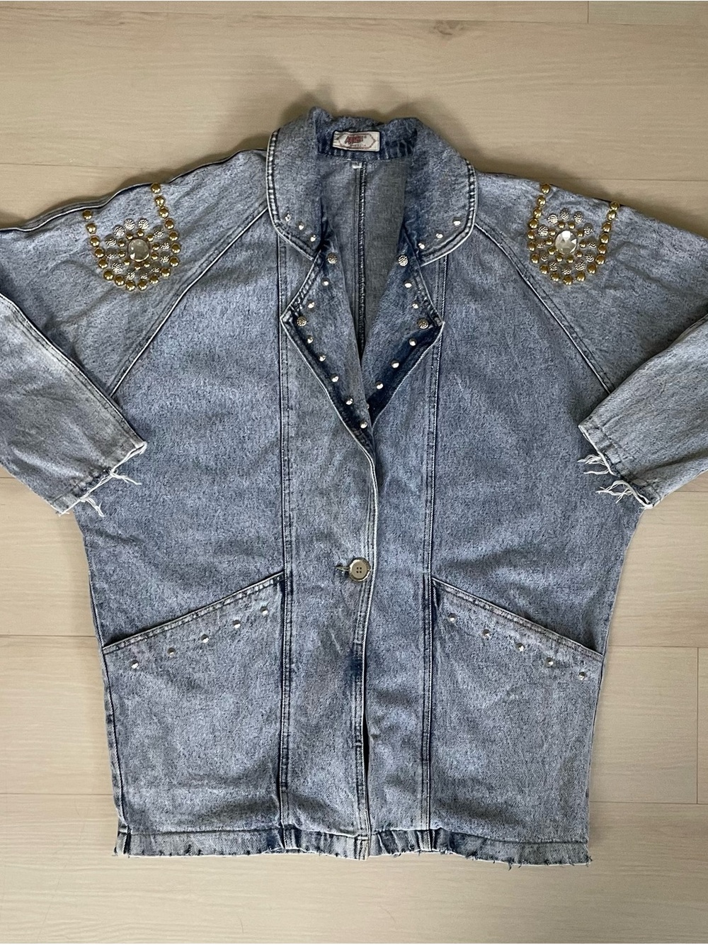 VTG Apache Denim Jacket Made In USA Rhinestone Acid Wash Blazer Oversized Medium